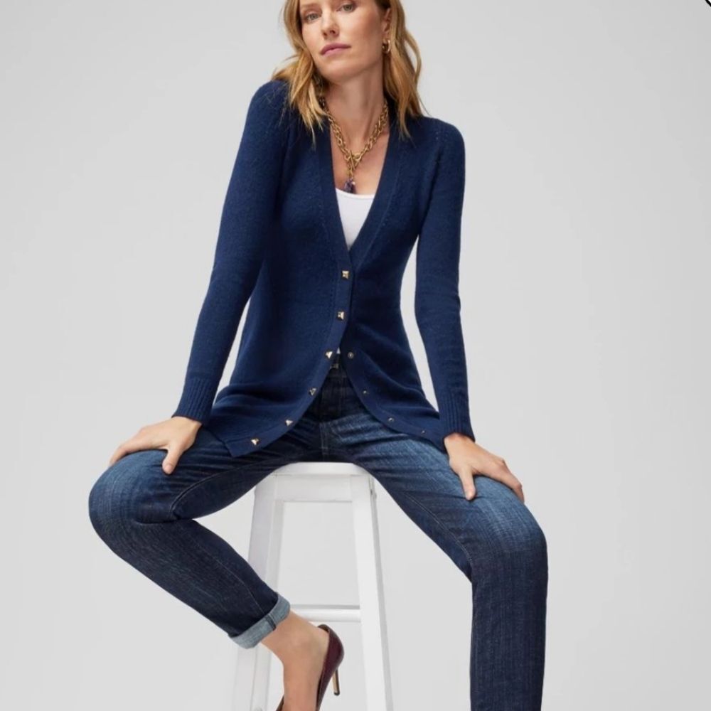 WHBM Long Sleeve Boyfriend Snap Button Front Long Cardigan V-Neck Blue Size XS